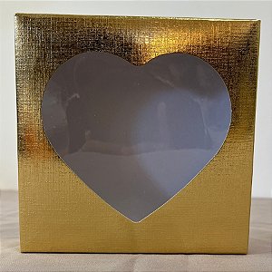 Caixa Para Doce Com Visor De Coração - 14x14x14cm - Ouro Texturizada - 10 unidades - Assk - Rizzo