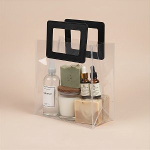 Sacola Transparente PVC Com Alça Retangular Couro Preto - 16,4x14,2x7,3cm - 1 unidade - Cromus - Rizzo