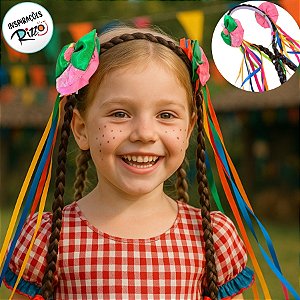 Tiara Com Cabelo e Fitas Coloridas De Festa Junina - Laço Rosa - 1 unidade - Rizzo