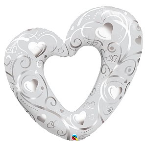 Balão de Festa Microfoil 42" 106cm - Corações e Filigramas Branco - 1 unidade - Qualatex Outlet - Rizzo