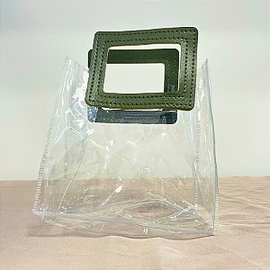 Sacola Transparente PVC com Alça Quadrada de Couro Verde Musgo - 15x15x10cm - 1 unidade - Rizzo