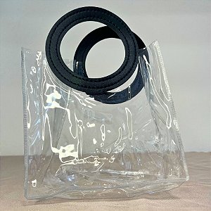 Sacola Transparente PVC com Alça Redonda de Couro Preto - 15x15x10cm - 1 unidade - Rizzo