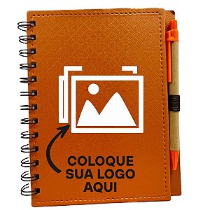 Bloco para Anotação Personalize Logo Branca De Couro com Caneta - Laranja - 70 Folhas  - 14,5x18cm - 1 unidade - Rizzo