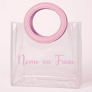Sacola Transparente PVC Personalizado Escrita Rosa com Alça Redonda de Couro Rosa Bebê - 15x15x10cm - 1 unidade - Rizzo