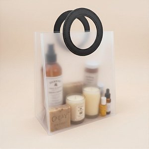 Sacola Transparente Fosca PVC com Alça Redonda de Couro Preto - 32x26x14,5cm - 12 unidades - Rizzo