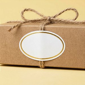 Adesivo Oval Branco Borda Dourada - Ref.2123 - Hot Stamping - 3x2cm - 100 unidades - Stickr - Rizzo