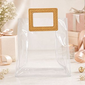 Sacola Transparente PVC com Alça Retangular de Couro Bege - 19,4x17x9cm - 1 unidades - Rizzo