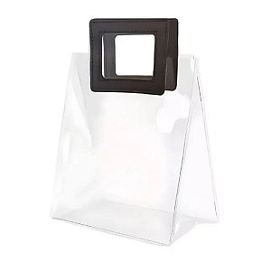 Sacola Transparente PVC com Alça Quadrada de Couro Preto - 24x21x11cm - 1 unidade - Cromus - Rizzo