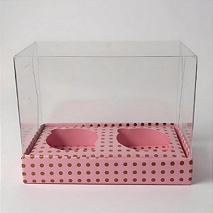 Caixa Mini Cupcake Com Tampa Transparente 2 Cavidades (11x9x5,5cm) Rosa com Bolinhas Marrons - 10 unidades - Assk - Rizz