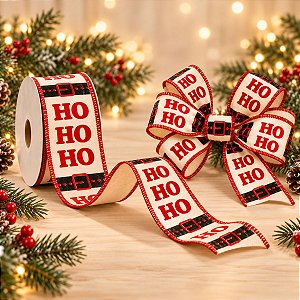 Fita Decorativa Aramada Cinto Papai Noel HoHo - 6,3cm x 9,14m - 1 unidade - Cromus - Rizzo