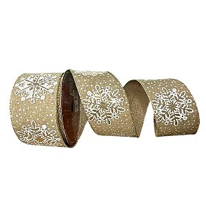 Fita Decorativa - de Natal Cru com Floco de Neve Branco - 6x914cm - 1 unidade - Rizzo