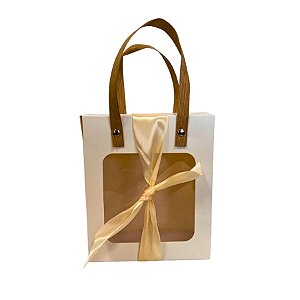Sacola de Papel com Fita e Visor Alça de Fibra - Branco - 16,5x14,5x8cm - 1 unidade - Rizzo