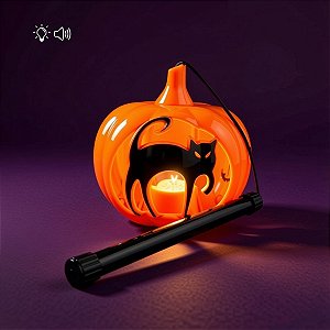 Enfeite Decorativo de Halloween Com Luz e Som - Lanterna De Abobóra Gato Preto - 12x12,5cm - 1 unidade - Rizzo