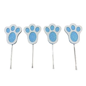 Pick Decorativo - Pata de Coelho Branco e Azul com Glitter - 8 unidades - Rizzo