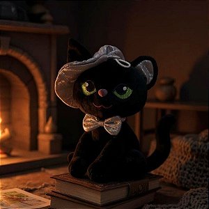Gato de Pelúcia com Chápeu de Bruxa - Preto - 23cm  - 1 unidade - Rizzo