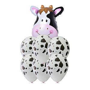 Buquê de Balões Animal Print 24" - Vaca - 01 Balão Metalizado + 6 Balões Látex - 7 unidades - Rizzo