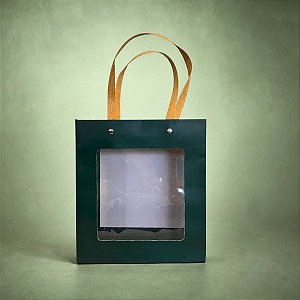 Sacola de Papel com Gaveta e Visor Alça de Fibra 18x16,5x8,5cm - Verde - 1 unidade - Rizzo