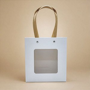 Sacola de Papel com Gaveta e Visor Alça De Fibra 18x16,5x8,5 - Branca - 1 unidade - Rizzo