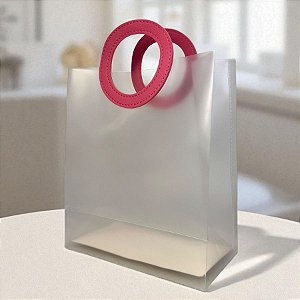 Sacola Transparente Fosca PVC com Alça Redonda de Couro Pink - 27x23x11cm  - 10 unidades - Rizzo