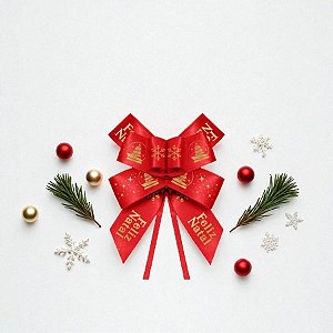 Laço Fácil de Fita de Cetim Decorada - Vermelho Feliz Natal - 22mm  - 5 unidades - Progresso - Rizzo
