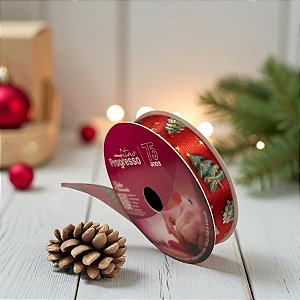 Fita de Cetim 10m x 15mm - Cor 100 - Pinheiros de Natal Ludicos - Rolo 10 metros  - 1 unidade - Progresso - Rizzo