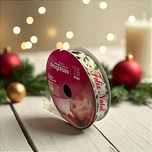 Fita de Cetim 10m x 15mm - Cor 096 - Pinhas de Natal " Feliz Natal " - Rolo 10 metros  - 1 unidade - Progresso - Rizzo