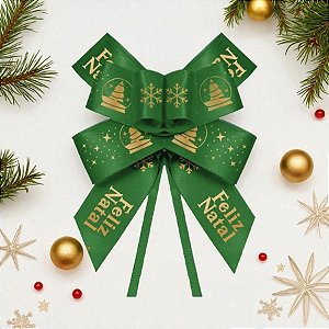 Laço Fácil de Fita de Cetim - Feliz Natal - Verde - 22mm  - 5 unidades - Progresso - Rizzo
