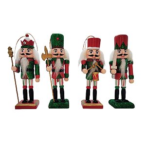 Conjunto Boneco Soldado Quebra Nozes de Madeira - 12cm - Verde e Vermelho - 4 unidades - Rizzo