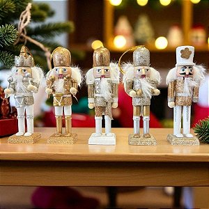 Kit Boneco Soldado Quebra Nozes de Madeira - Branco e Dourado - 12,5cm  - 5 unidades - Rizzo