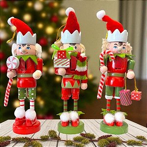 Kit Boneco Duendes de Madeira - Vermelho e Verde - 12cm - 3 unidades - Rizzo