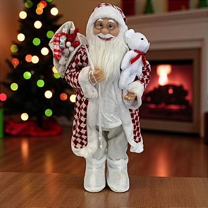 Papai Noel Decorativo em Pé com Saco de Presentes e Ursinho - Vermelho e Branco - 60cm - 1 unidade - Rizzo