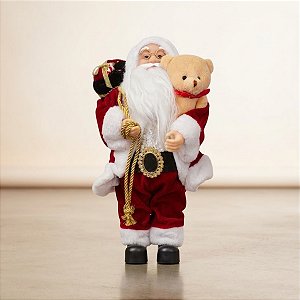 Papai Noel Decorativo em Pé com Saco de Presentes e Urso - Vermelho e Dourado - 30cm - RZO01901 - 1 unidade - Rizzo