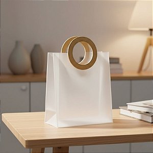 Sacola Transparente Fosca PVC com Alça Redonda de Couro Dourado - 27x23x11cm - 10 unidades - Rizzo