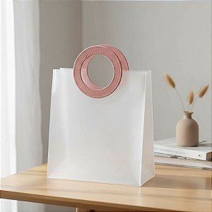 Sacola Transparente Fosca PVC com Alça Redonda de Couro Rosa - 27x23x13cm - 1 unidade - Rizzo
