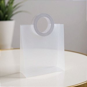 Sacola Transparente Fosca PVC com Alça Redonda de Couro Branco - 23x20x10cm - 1 unidade - Rizzo