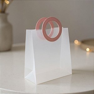 Sacola Transparente Fosca PVC com Alça Redonda de Couro Rosa - 18,5x16x8cm  - 10 unidades - Rizzo