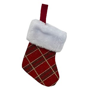 Meia de Natal para Pendurar - Xadrez Vermelho, Verde e Dourado - 15cm - 1 unidade - Cromus - Rizzo