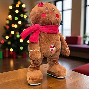 Pelúcia de Natal com Som e Movimento - Boneco de Gengibre com Cachecol - 18x32x11cm - 1 unidade - Rizzo