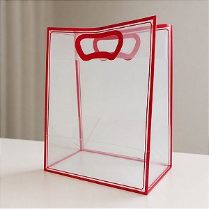 Sacola Transparente Fosca Pvc Alça Plana Vermelho - 30x23x15cm - 10 unidades - 10 unidades - Cromus - Rizzo