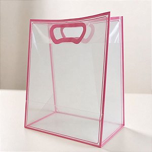 Sacola Transparente Fosca Pvc Alça Plana Rosa Claro - 30x23x15cm - 10 unidades - 10 unidades - Cromus - Rizzo