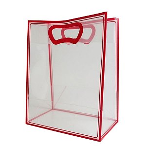 Sacola Transparente Fosca Pvc Alça Plana Vermelho - 25x15x9cm - 10 unidades - 10 unidades - Cromus - Rizzo