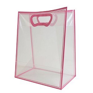Sacola Transparente Fosca Pvc Alça Plana Rosa Claro - 25x15x9cm - 1 unidade - 1 unidade - Cromus - Rizzo