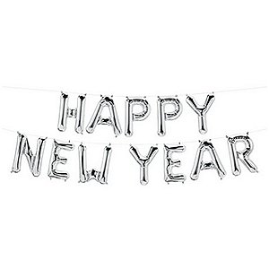 Balão de Festa Microfoil 16" 40cm - Escrita "HAPPY NEW YEAR" Prata - 1 unidade - Qualatex Outlet - Rizzo