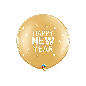 Balão de Festa Látex Liso Decorado - New Year Brilhos Ouro - 30" 75cm - 2 unidades - Qualatex Outlet - Rizzo