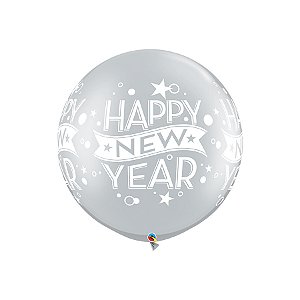 Balão de Festa Látex Liso Decorado - Happy New Year Pontos Prata - 30" 75cm - 2 unidades - Qualatex Outlet - Rizzo
