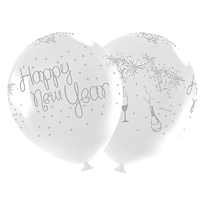 Balão de Festa Redondo Profissional Látex Decorado 11" 28cm - Happy New Year Branco - 25 Unidades - Art-Latex