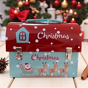 Lata de Metal de Natal - Caixa Maleta Cofre Verde Água - 13x17x8cm - 1 unidade - Rizzo