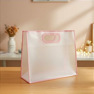 Sacola Transparente Fosca Pvc Alça Plana Rosa Bebê - 22x26x10cm - 12 unidades - Rizzo