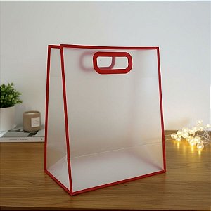 Sacola Transparente Fosca Pvc Alça Plana Vermelho - 30x25x15cm - 12 unidades - Rizzo