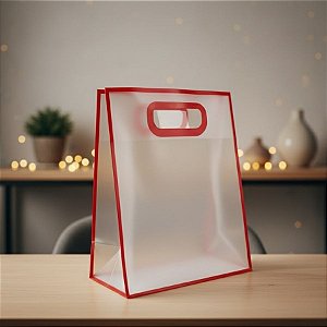 Sacola Transparente Fosca Pvc Alça Plana Vermelho - 27x21x11cm - 12 unidades - Rizzo
